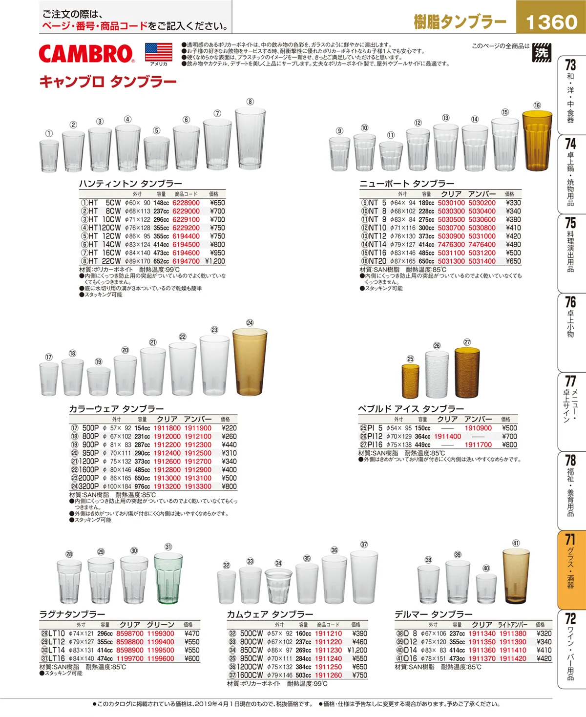 EBM業務用厨房用品カタログvol.19・ページ番号1360・グラス・酒器