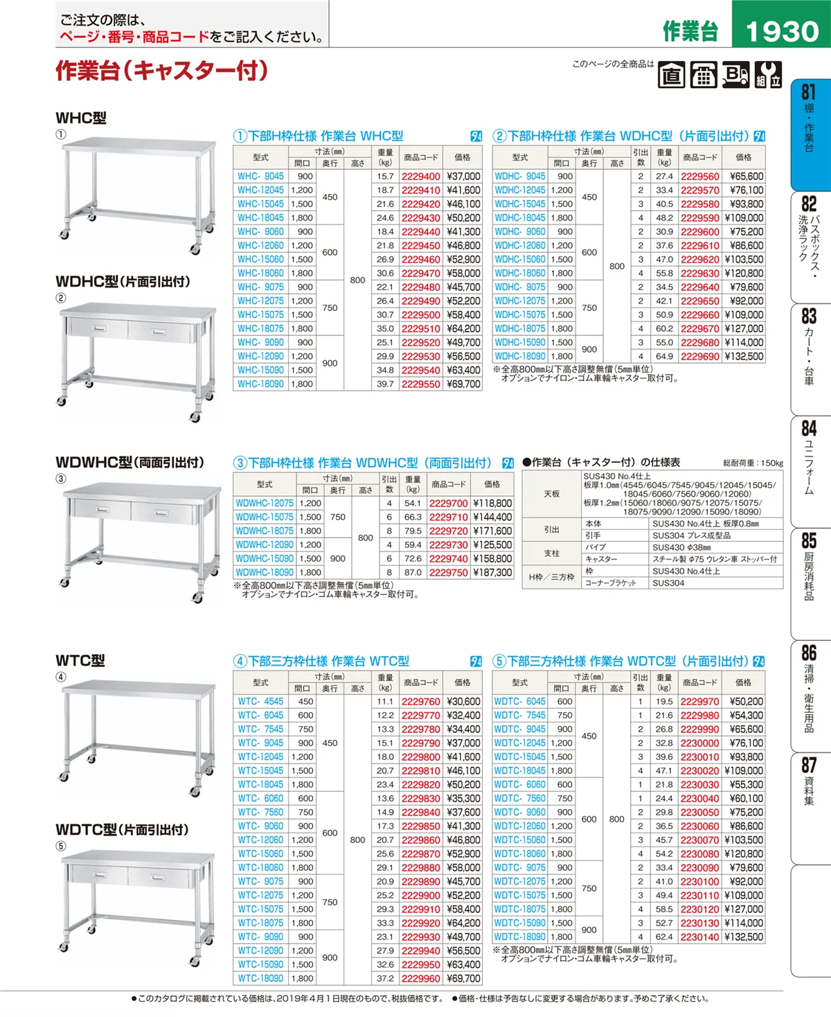 EBM業務用厨房用品カタログvol.19・ページ番号1930・棚・作業台