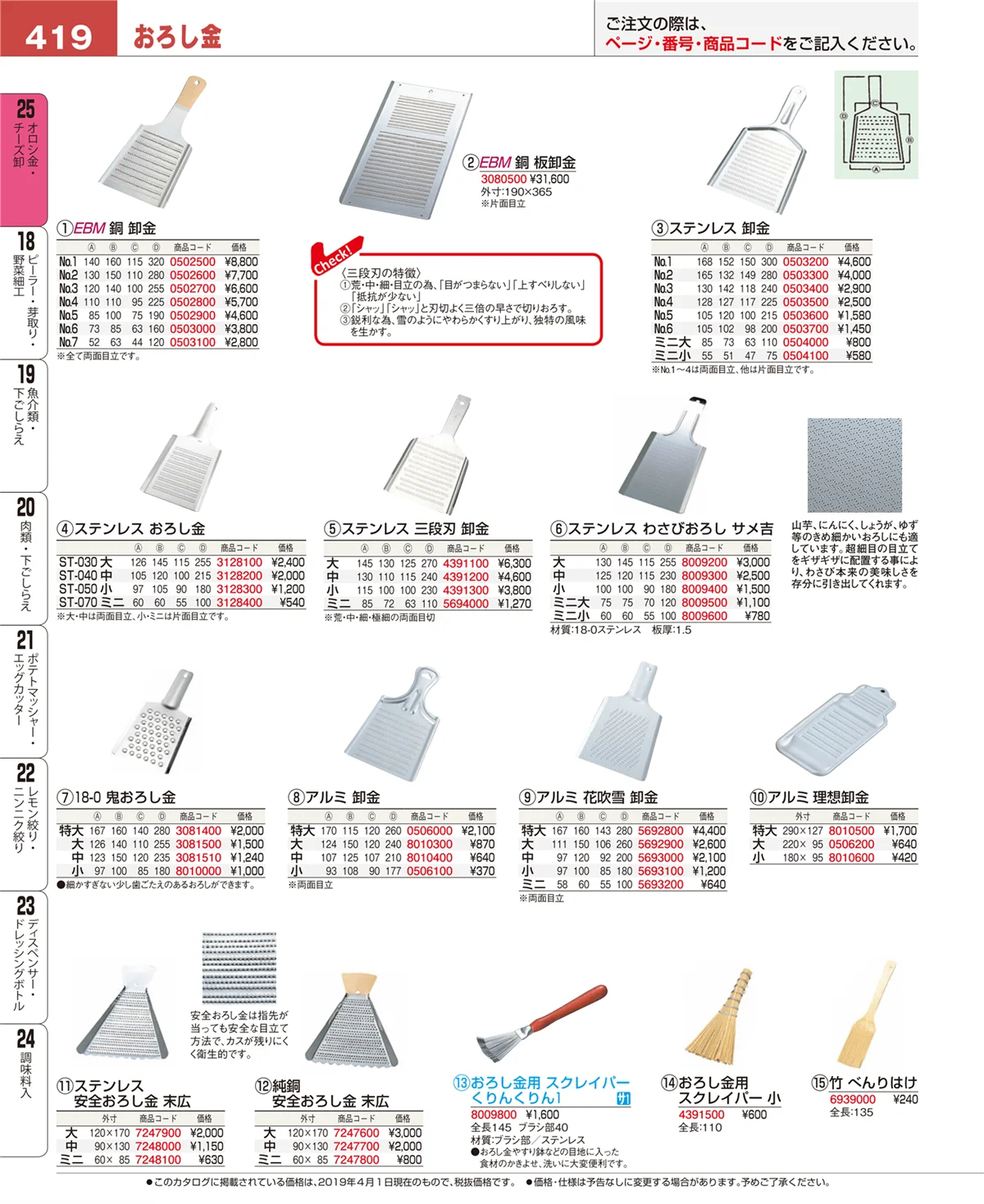 EBM業務用厨房用品カタログvol.19・ページ番号419・オロシ金・チーズ卸