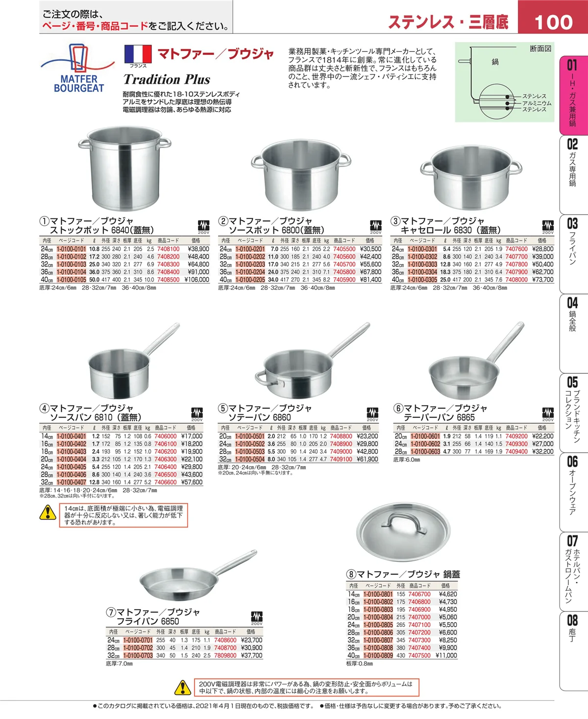 EBM業務用厨房用品カタログvol.21・ページ番号100・ＩＨ・ガス兼用鍋