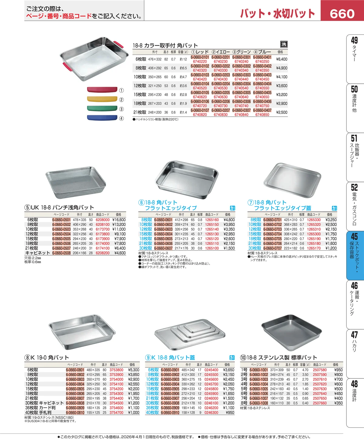 EBM業務用厨房用品カタログvol.26・ページ番号660・給食用スパテラ・すくい網・ひしゃく